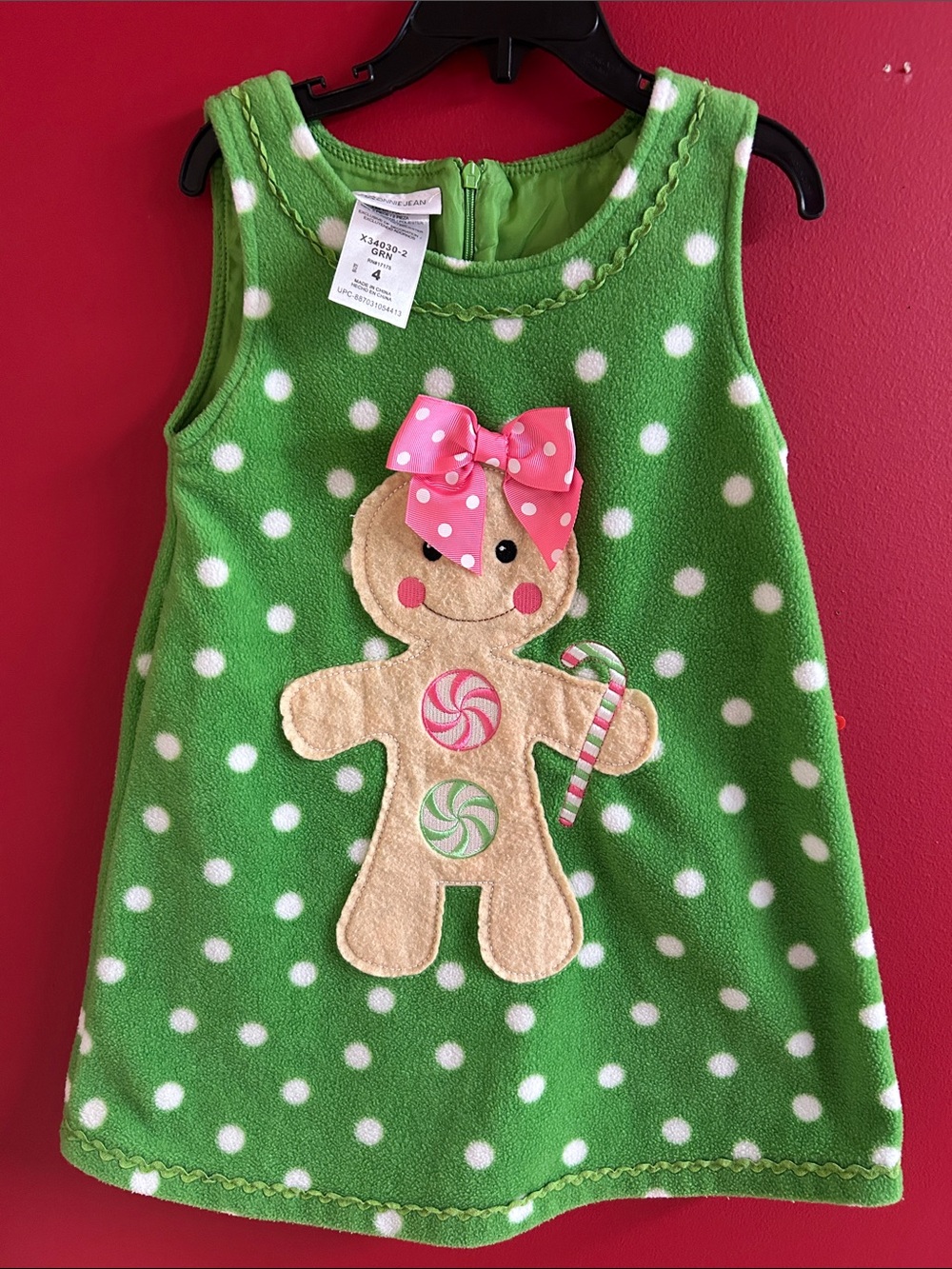 Green Polka Dot Gingerbread Christmas Dress with Pink Bow size 4 Bonnie Jean